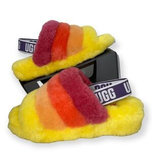 UGG Fluff Yeah Pride Slides "Yellow Rainbow" 1097169 Women's 7